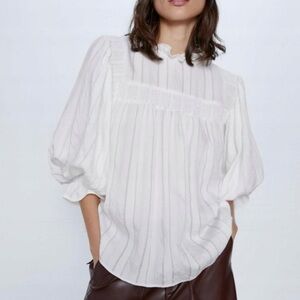 Zara Ivory White Ruffle Trim Smocked Detail Long Sleeve Blouse Top XS